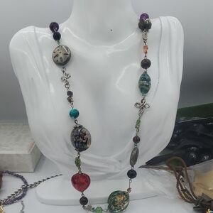 Bohemian Mixed Bead GLASS Statement Necklace in Multi-Color 34 Inch N3915